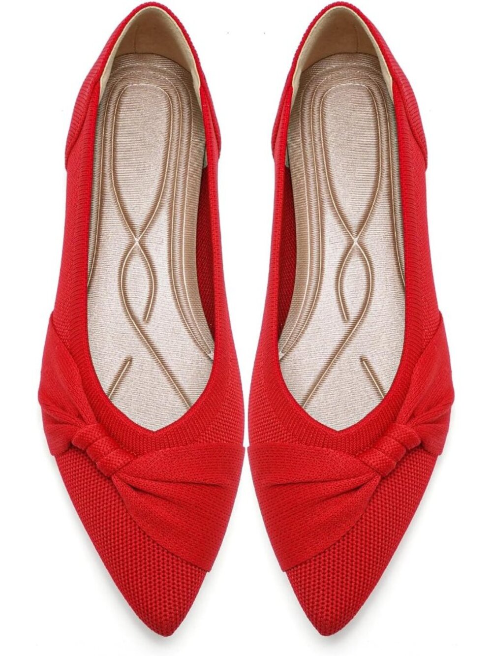 Women's Red Pointed Toe Comfortable Knit Lightweight Casual Ballet Flat Shoes